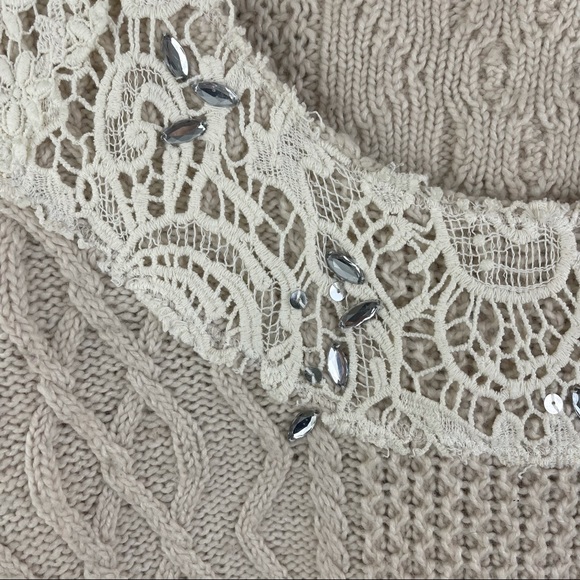 FREE PEOPLE Ivory Creme Aurora Jewel Embellished Lace Trim Wool Knit Sweater - Picture 7 of 12